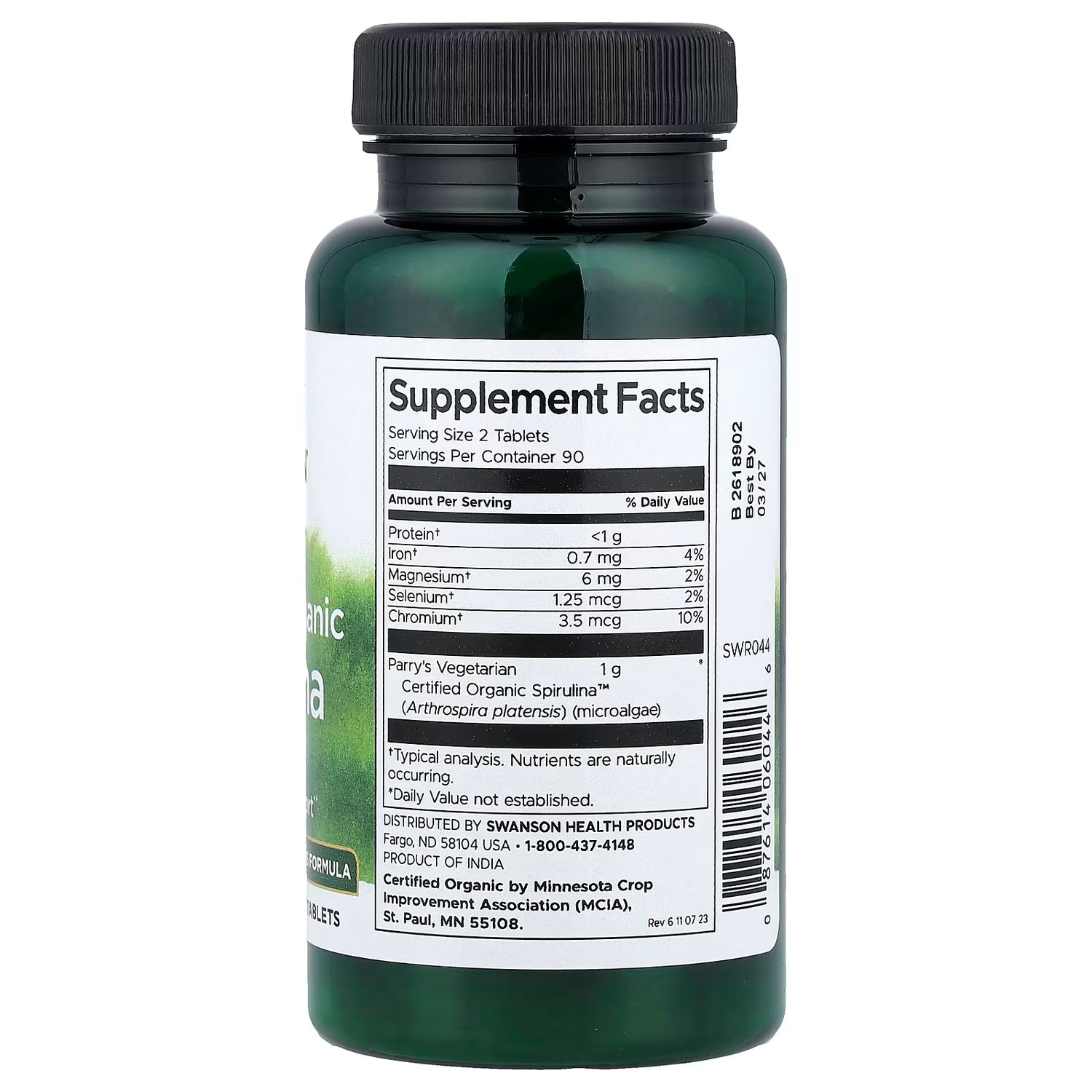 Back: Supplement facts & organic certification for Spirulina superfood tablets.