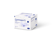  Sealed box of Cosmopor E Sterile Adhesive Wound Dressings, 7.2 x 5 cm, pack of 50 on white background.