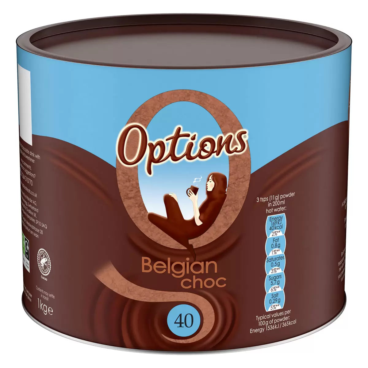 Options Belgian hot chocolate drink powder 1kg chocolate drink mix packaging front