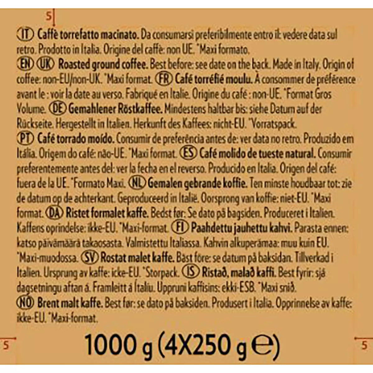 Lavazza Qualità Oro Ground Coffee, cardboard box packaging, floral and fruity aroma, 4 x 250g, ingredients information