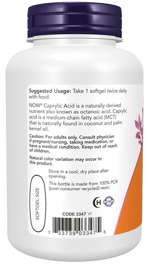Dosage panel and barcode for NOW Caprylic Acid MCT Oil supplement.