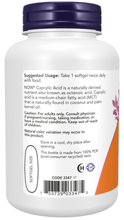 Dosage panel and barcode for NOW Caprylic Acid MCT Oil supplement.