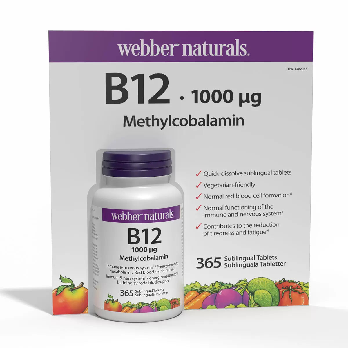 Webber Naturals Vitamin B12 Methylcobalamin 1000 mcg bottle, 365 sublingual tablets, on white background. Product packaging