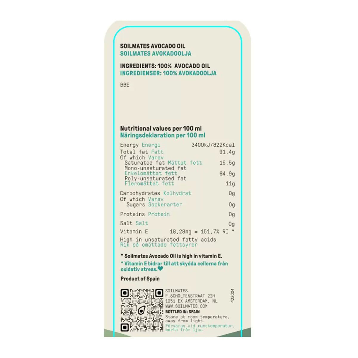 Supplement facts & ingredients image: Soilmate avocado oil ingredients label bottle 2L
