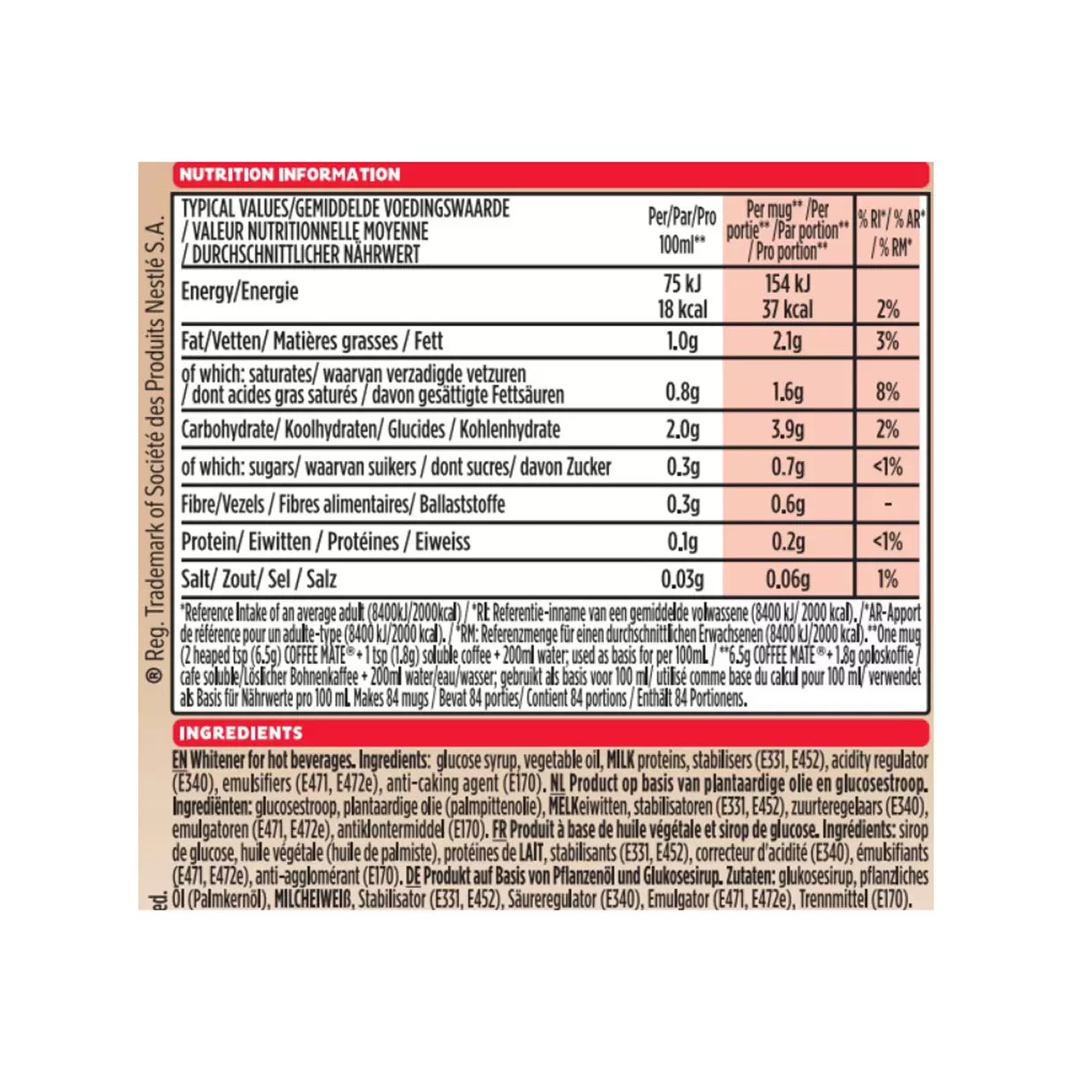 Supplement Facts & Ingredients Image: Nestlé Coffee Mate Original coffee creamer powder ingredients label 2 x 550g containers