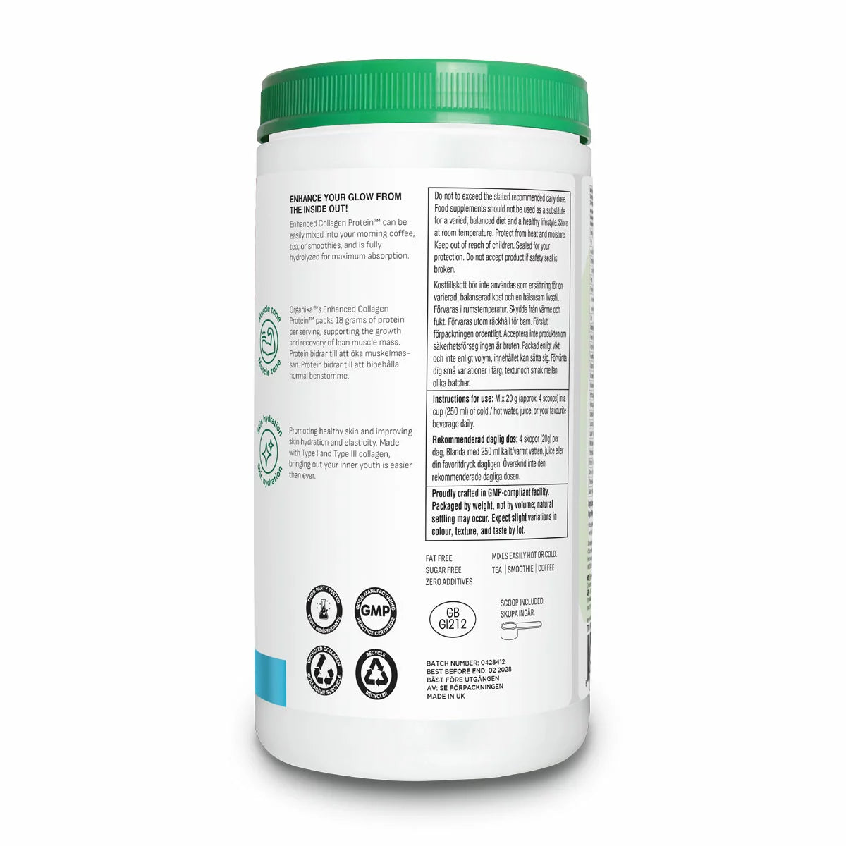 Supplement facts panel and ingredients list on the back of the Organika 1kg tub.