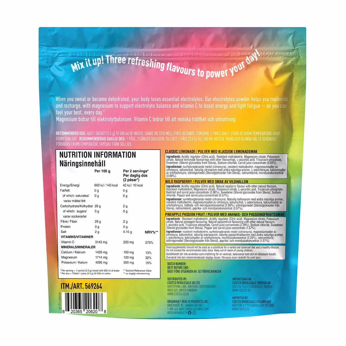 Nutritional information, ingredient list, barcode and directions on the Organika variety pack.
