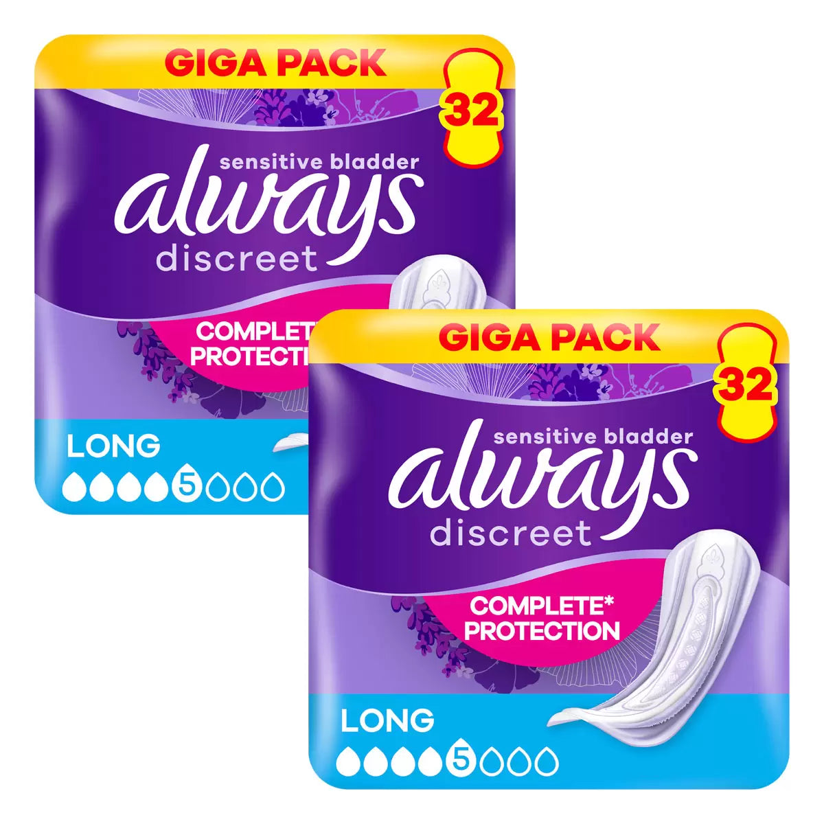 Front image: Always Discreet long pads size 5 duo pack incontinence pads 2x32 count