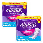 Front image: Always Discreet long pads size 5 duo pack incontinence pads 2x32 count