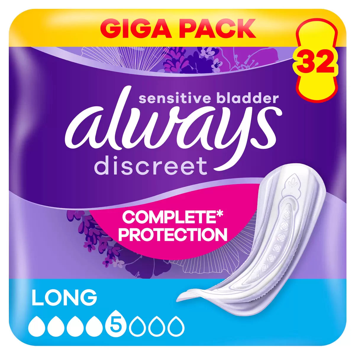 Front image: Always Discreet long pads size 5 duo pack incontinence pads 32 count