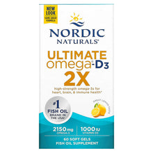 Load image into Gallery viewer, Nordic Naturals Ultimate Omega 2X with Vitamin D3, 2150 mg Omega-3 + 1000 IU D3 Lemon Flavor - 60 Softgels 
