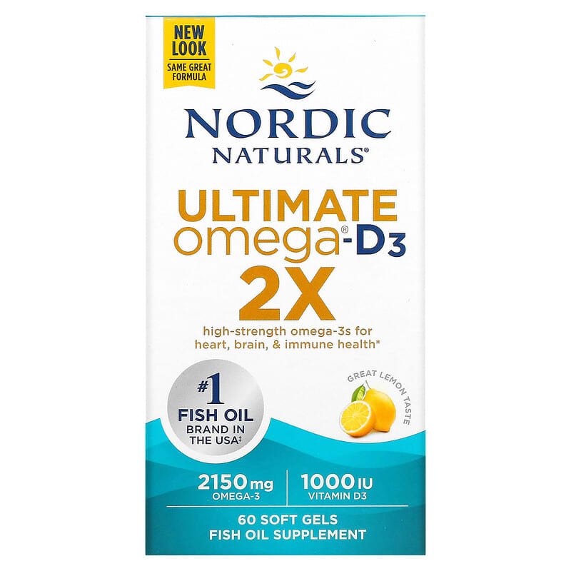 Nordic Naturals Ultimate Omega 2X with Vitamin D3, 2150 mg Omega-3 + 1000 IU D3 Lemon Flavor - 60 Softgels 