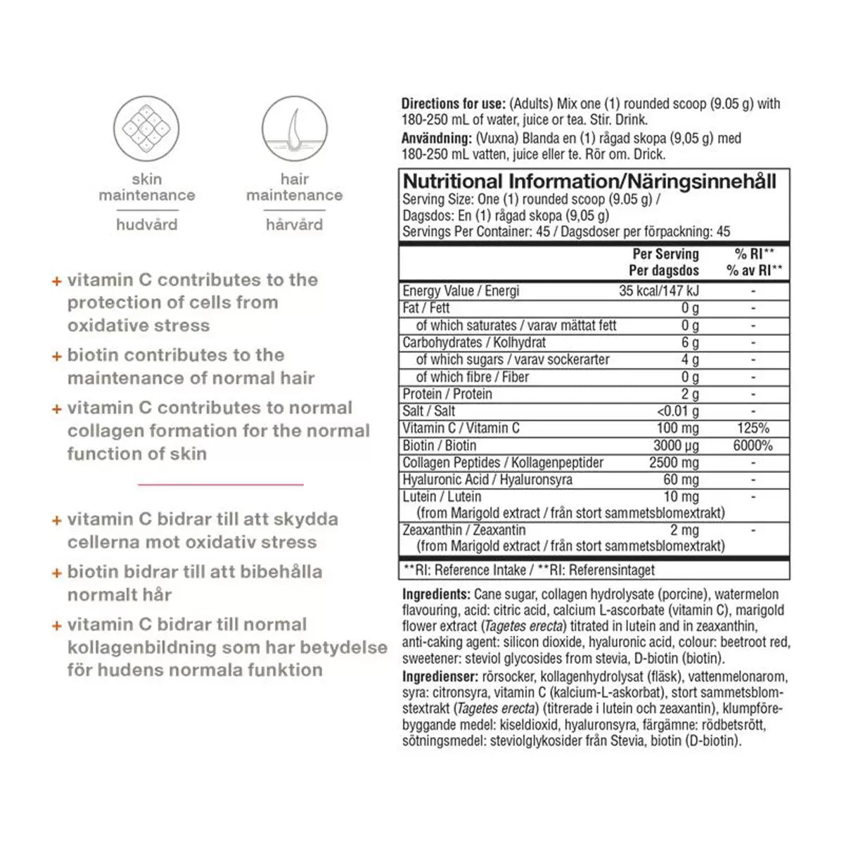 Supplement facts and ingredients list for collagen powder.