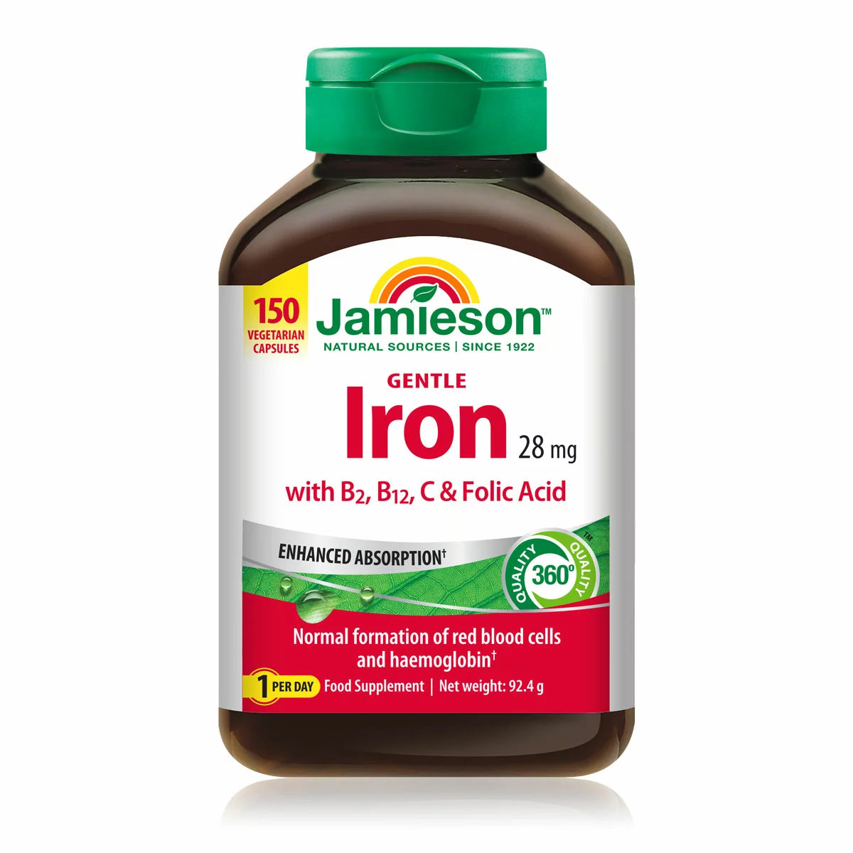 Jamieson Iron 28mg bottle, 150 capsules, on white background.