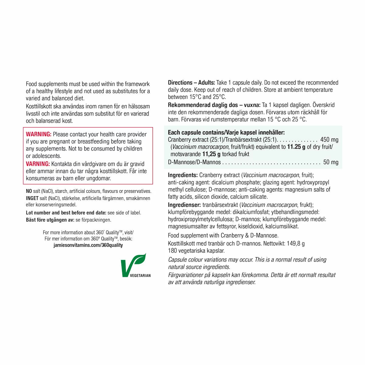 Supplement facts panel for Jamieson Cranberry 500mg and D-Mannose.