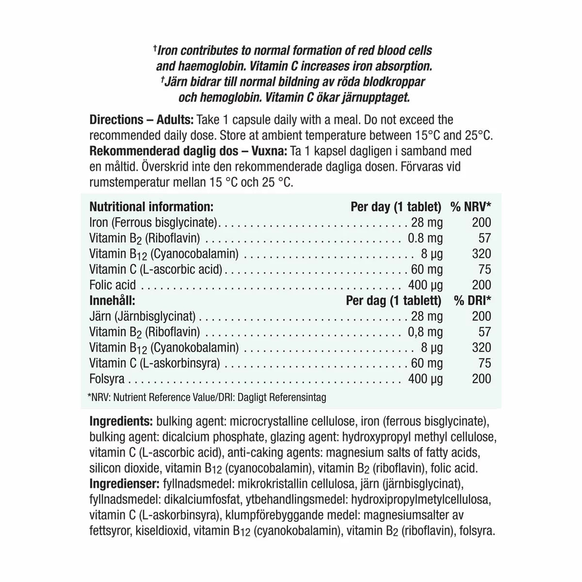 Supplement facts and ingredients for Jamieson Iron with Folic Acid & B Vitamins.