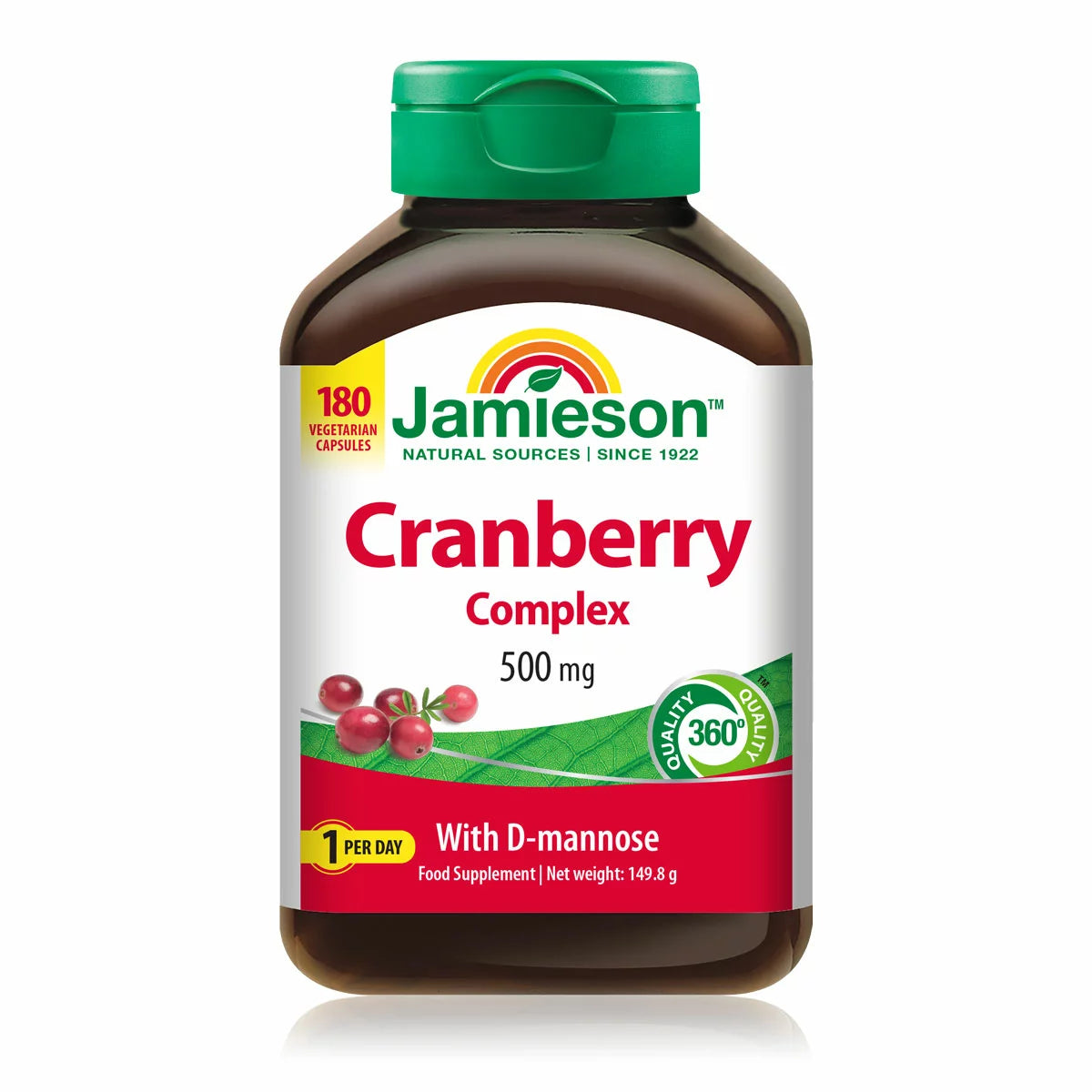 Jamieson Cranberry Complex with D-Mannose bottle, 180 vegan capsules.