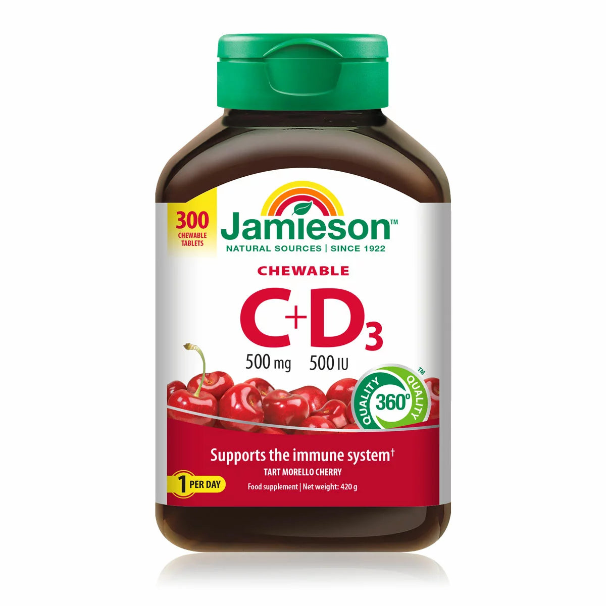 Jamieson Vitamin C + D3 Chewable Tablets bottle, cherry flavour, 300 count.