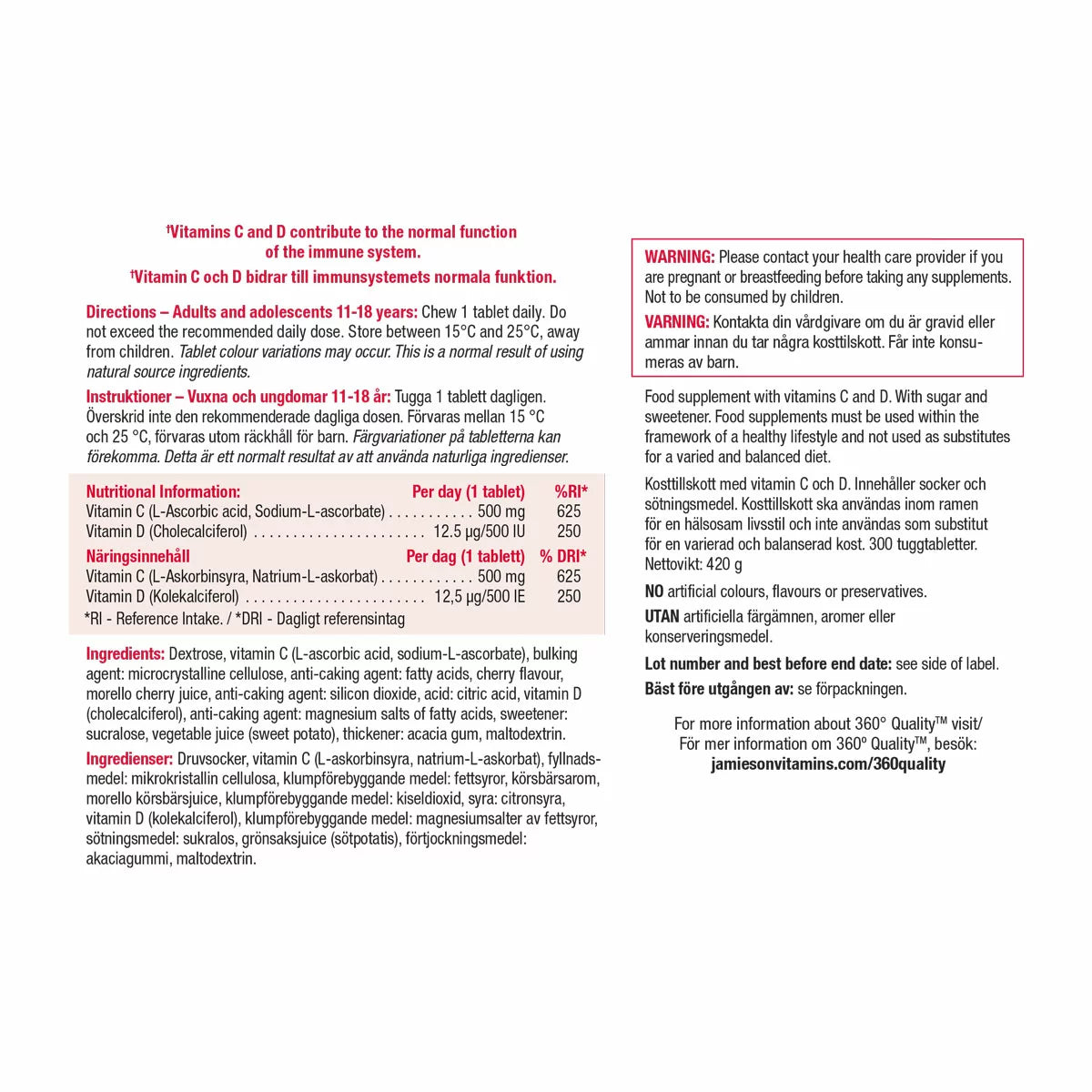 Supplement facts panel for Jamieson chewable Vitamin C and D3.