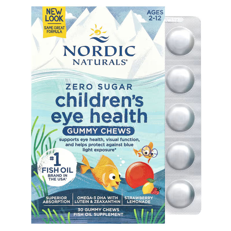 Nordic Naturals Children's Eye Health Gummies box & foil pack, strawberry lemonade.