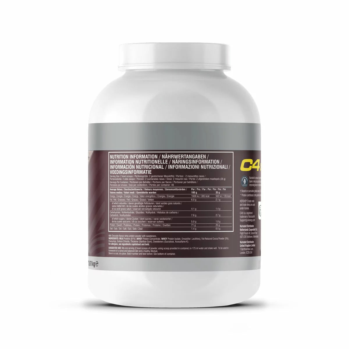 Supplement Facts Image: Cellucor C4 whey protein ingredients chocolate powder 1.61kg packaging