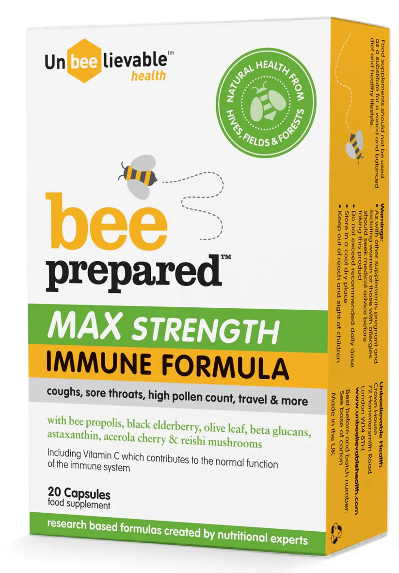 Unbeelievable Health Bee Prepared Immune Support supplement box, 20 capsules on a white background.
