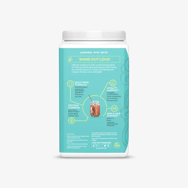 Supplement container with teal label and white lid on a white background