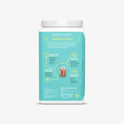Supplement container with teal label and white lid on a white background