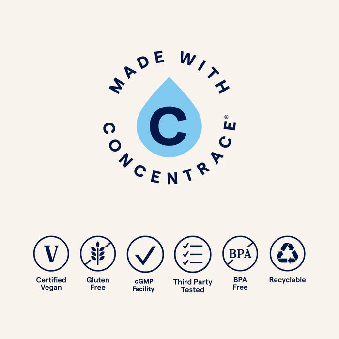 Logo and certification icons for a product made with Concentrace on a white background