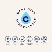 Logo and certification icons for a product made with Concentrace on a white background