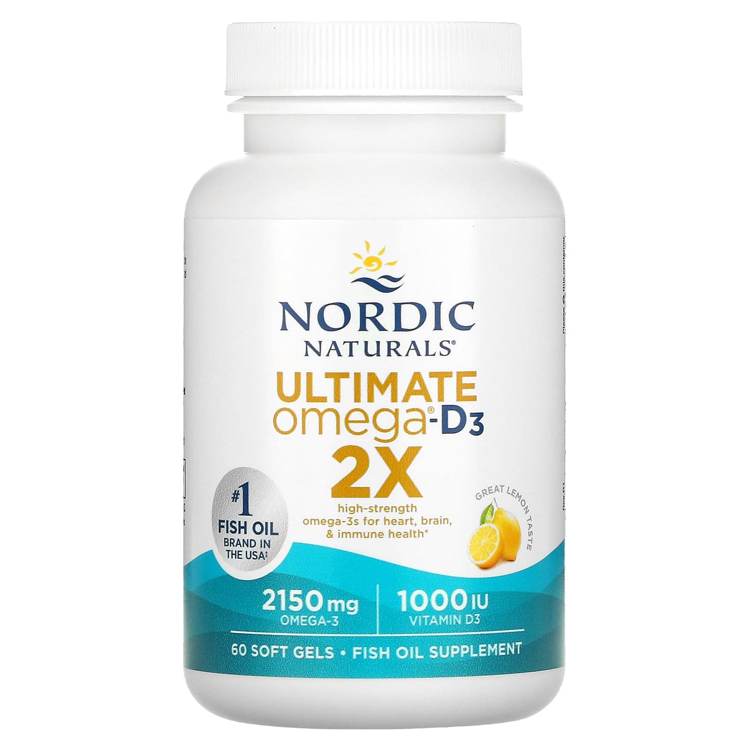 Nordic Naturals Ultimate Omega 2X with Vitamin D3, 2150 mg Omega-3 + 1000 IU D3 Lemon Flavor - 60 Softgels