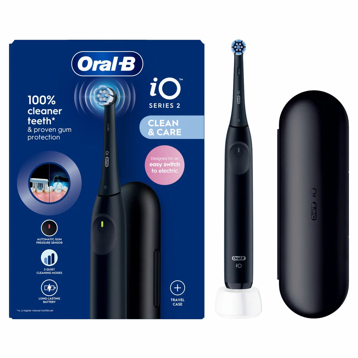 Oral-B iO Series 2 Black Electric Toothbrush with travel case.