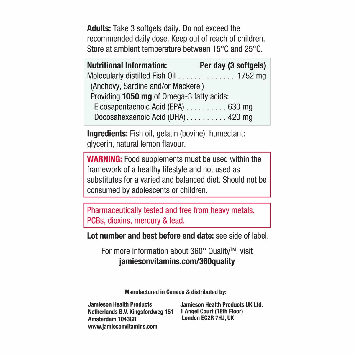 Nutrition facts and purification details for Jamieson Omega-3.