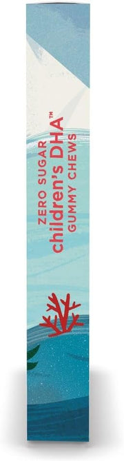 Nordic Naturals Zero Sugar Children's DHA Gummy Chews tropical punch, 30 count box. Side view.