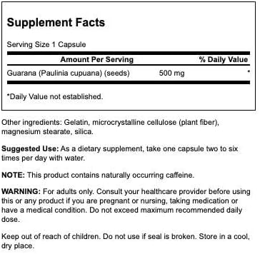 Supplement facts label for a product containing guarana seeds with serving size, amount per serving, and usage instructions.