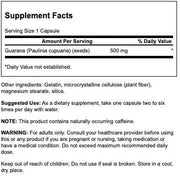 Supplement facts label for a product containing guarana seeds with serving size, amount per serving, and usage instructions.