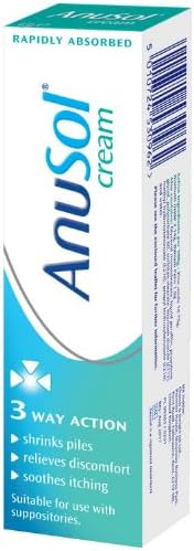 Front of 43g Anusol Cream tube, blue and white packaging.