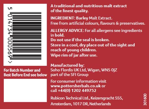 Barcode image: Potters malt extract barcode packaging jar 650g
