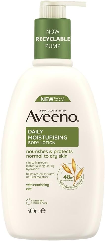 Aveeno Daily Moisturising Body Lotion pump bottle, 500ml, fragrance-free for sensitive skin.