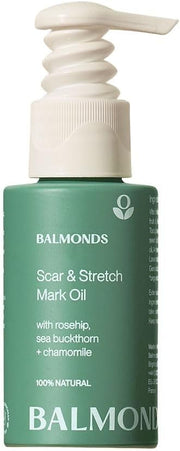 Front image: Balmonds Scar and Stretch Mark Oil 50ml bottle natural skincare oil packaging