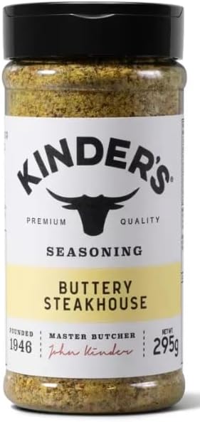 Front image: Kinder's Buttery Steakhouse Seasoning shaker jar 295g garlic butter blend