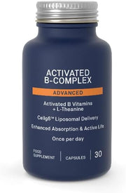Front: Natroceutics Activated B-Complex Advanced bottle, 30 vegan capsules with liposomal delivery, on white background.