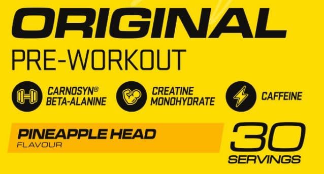 Pre-workout supplement label with ingredients and flavor details on a yellow background