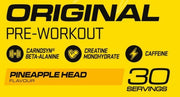 Pre-workout supplement label with ingredients and flavor details on a yellow background