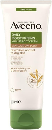 Aveeno Daily Moisturising Yogurt Body Cream tub, vanilla & oat scent, 200ml.