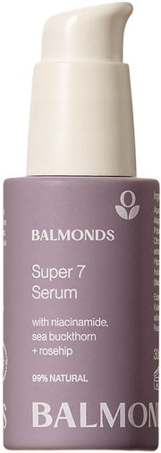 Front image: Balmonds Super 7 Serum 30ml bottle natural facial serum packaging