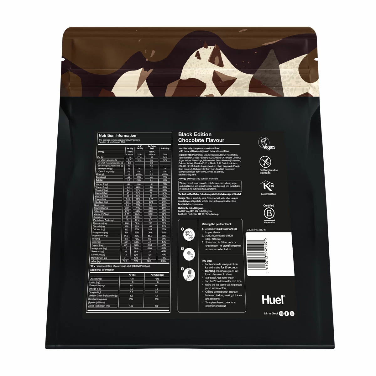 Huel Black Edition Chocolate meal powder pouch barcode packaging 2.7kg