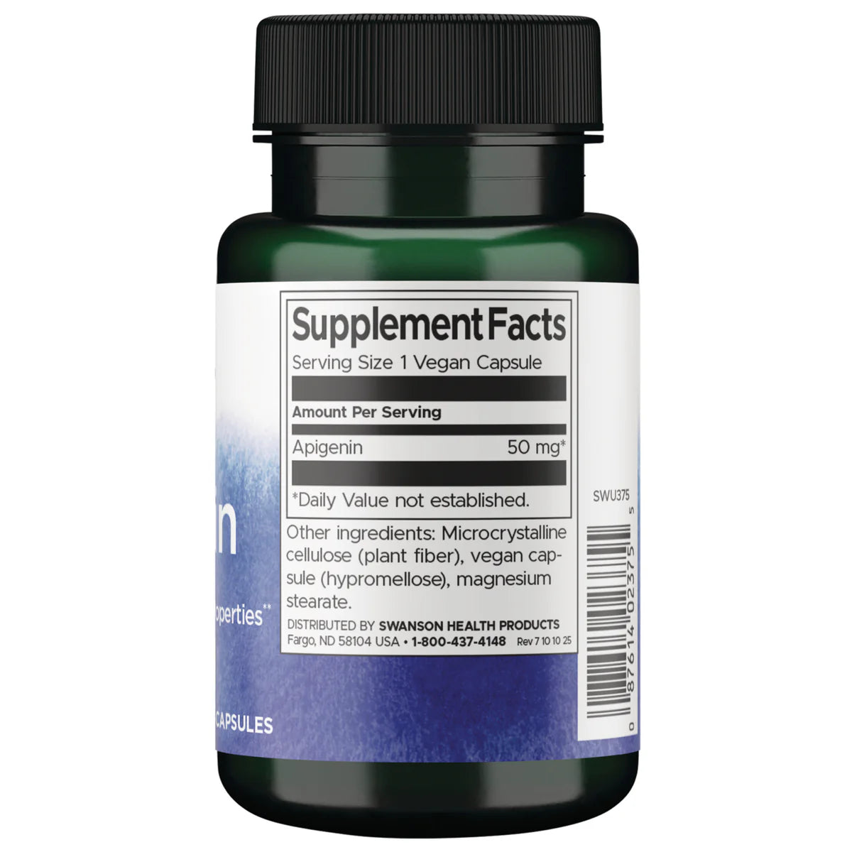Swanson Apigenin 50mg 90 Vegan Capsules Supplement Facts panel and product barcode on bottle label