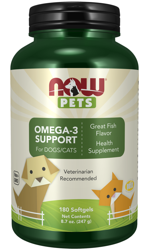 NOW Pets Omega-3 Support Softgels bottle for dogs and cats.