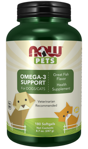 NOW Pets Omega-3 Support Softgels bottle for dogs and cats.